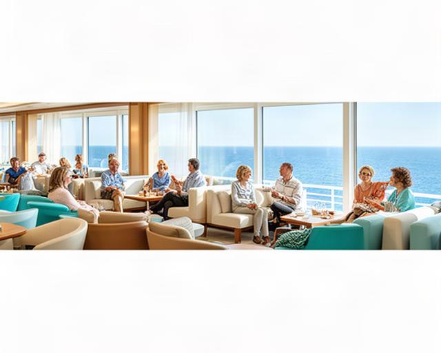 Gäste geniessen eine helle Lounge auf einem Kreuzfahrtschiff mit Blick aufs Meer